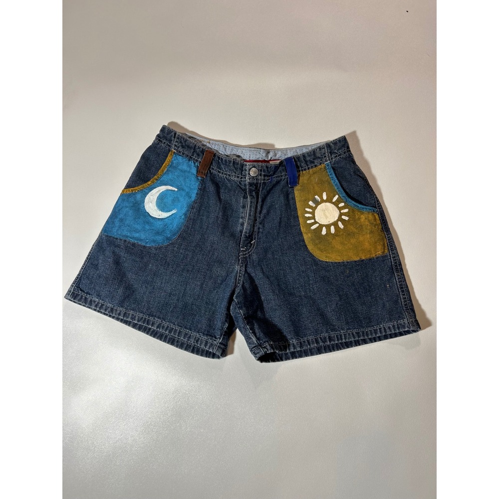 Levi Denim Shorts Womens 12 Blue Good Hand Painted Sun Moon Ghost Custom